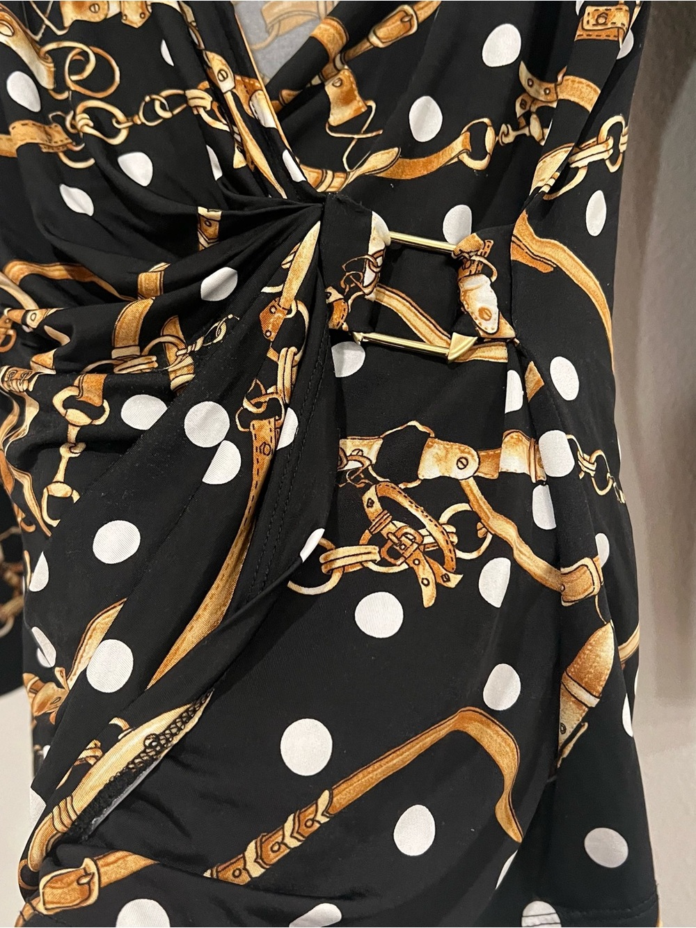 Vtg Cache women’s wrap blouse XS gold chain metallic detail polka dot mob wife - Picture 3 of 7